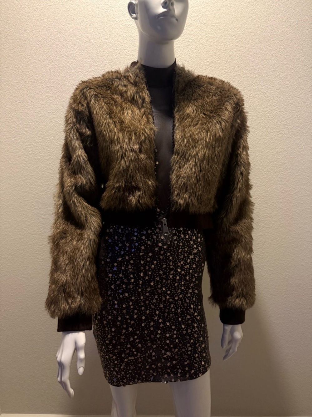 Faux Fur Cropped Jacket - Brown